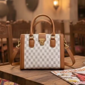 Checkered Tote - Camel White